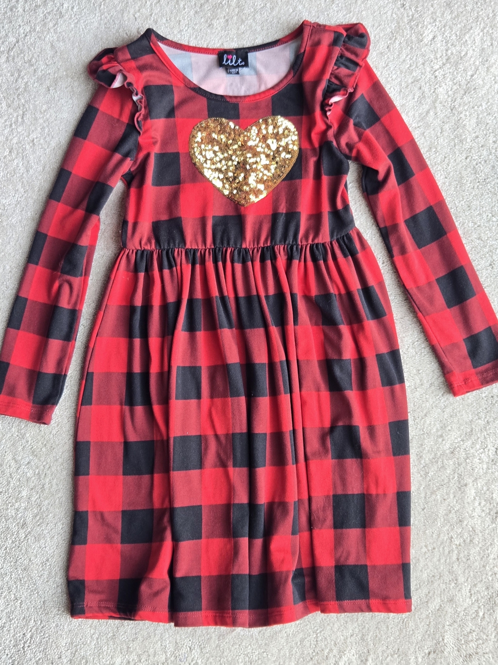 Little Girls Red & Black Buffalo Plaid Dress with Gold Sequin Heart